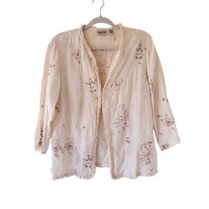 Chicos Delightful Stitch Ellenora Embroidered Linen Jacket  Ruffled Trim Granny